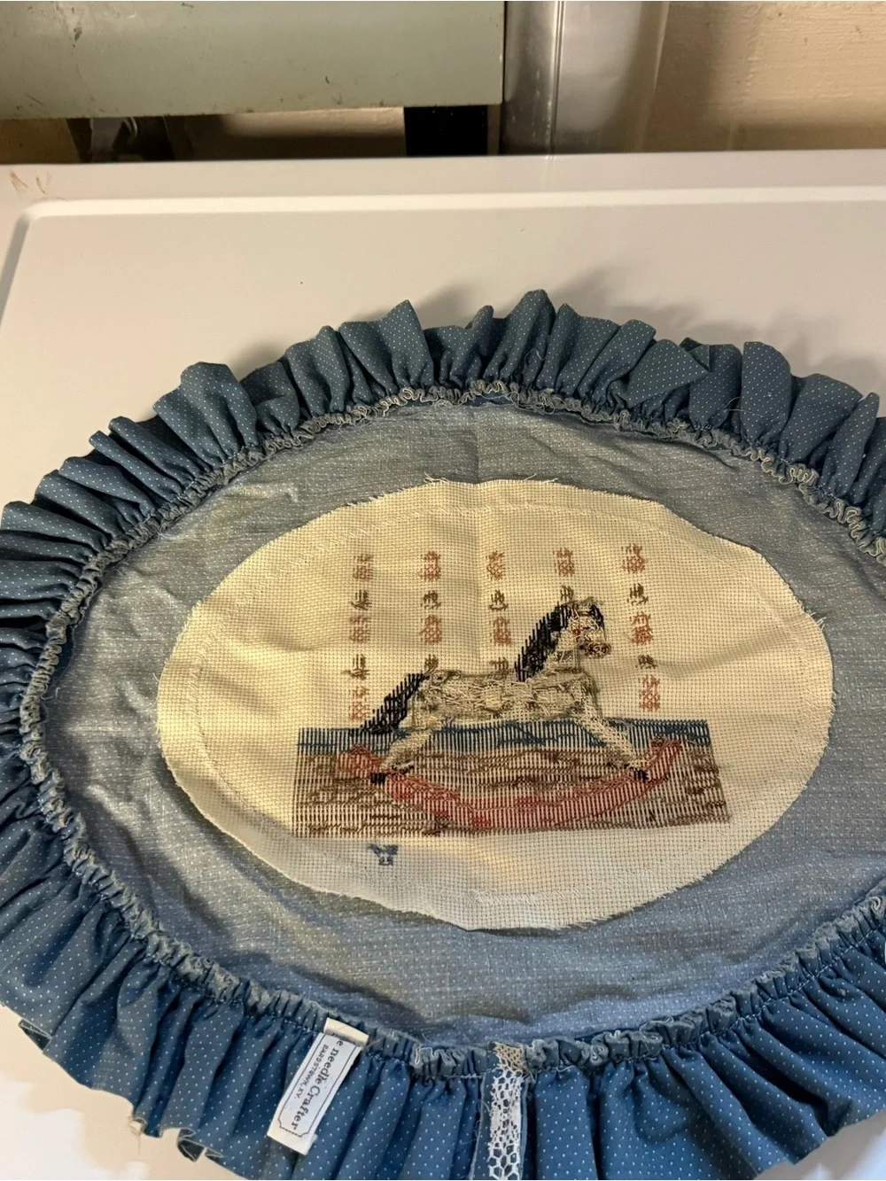 Vintage Cross Stitch Rocking Horse Wall Accent w/Blue Ruffle Country 1985